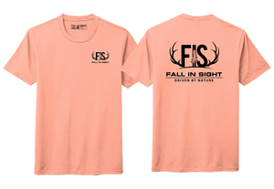 Peach tee shirt with fall in sight apparel logo on back