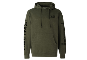 Forest green hoodie with fis logo on left chest with timber logo on arm 