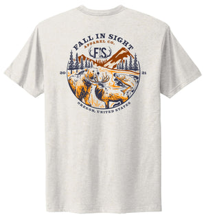 Oatmeal color tee shirt with bear, salmon on elk on the back