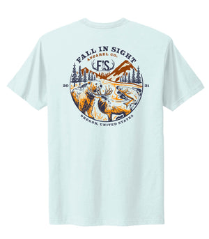 Light blue tee shirt with bear, salmon on elk on the back