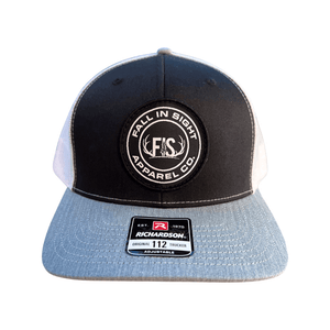 Black and white trucker hat with a gray brim and a round fis logo