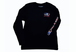 Long sleeve black t-shirt with an American eagle design with American flag colors