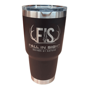 32oz. black yeti tumbler with an fis logo on the front