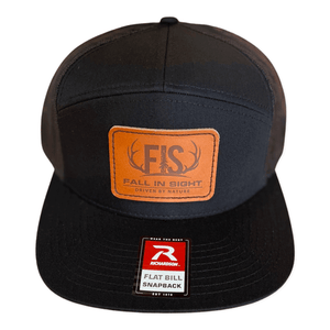 Black seven panel snapback fis hat with a leather fis logo patch on the front