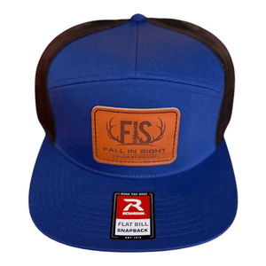 Black and blue seven panel snapback fis hat with a leather fis logo patch on the front