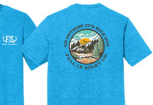 Turquoise fis tee shirt with a camping design on the back