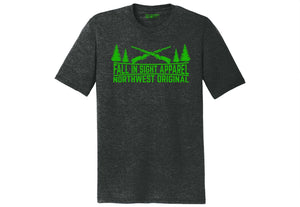 Black fis tee shirt with a shotgun and trees on the front