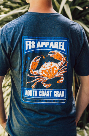 Neptune blue fis tee shirt with a dunganess crab on the back