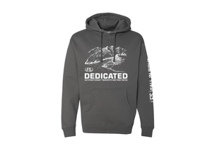 Gun metal colored fis hoodie with a dedicated outdoor mountain design on the front