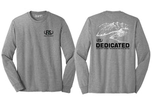 Gray long sleeve fis tee shirt with a dedicated mountain design on the front