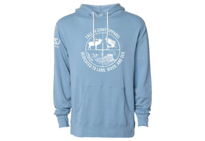 Light blue hoodie with a scope design on the front with and elk and a salmon