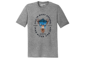 Gray fis tee shirt with a elk with a mountain on the front