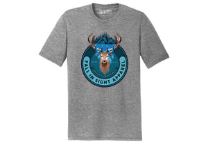 Gray frost fis tee shirt with a elk with a mountain on the front