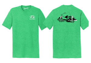 Green tee shirt with a guy fishing with fis fishing line