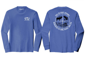 Blue long sleeve fis tee shirt with a scope design on the back with a salmon and a elk