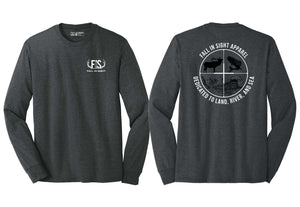 Black long sleeve fis tee shirt with a scope design on the back with a salmon and a elk