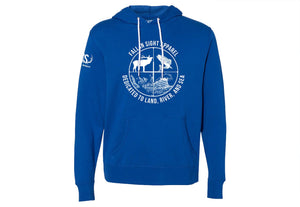 Blue hoodie with a scope design on the front with and elk and a salmon