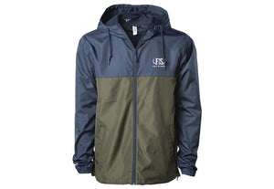 Blue and army green fis windbreaker with a fis logo on the front