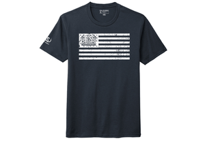 Black tee shirt with an American flag on the front