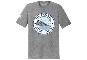 Gray fis tee shirt with a picture of the ocean on the front