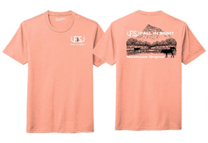 Peach fis tee shirt with a design of gun sight mountain on the back