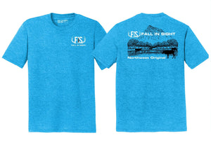 Turquoise fis tee shirt with a design of gun sight mountain on the back