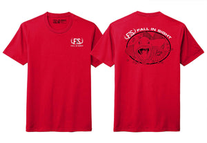 Red fis tee shirt with a drawing of a ling cod on the back