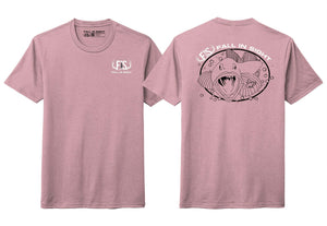 Mauve colored fis tee shirt with a drawing of a ling cod on the back