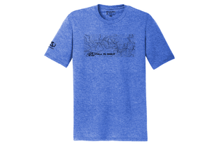 Blue fis tee shirt with a map of the Rogue River on the front