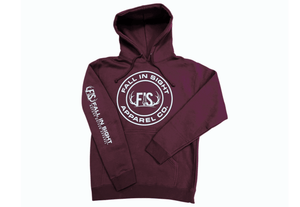 Red hoodie with round fis logo on the front