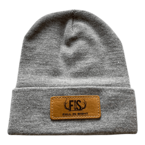 Gray fis beanie with a buffalo hide patch with an fis logo