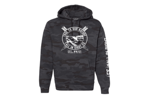 Black camo hoodie with a eagle design on the front and fis logo on the sleeve