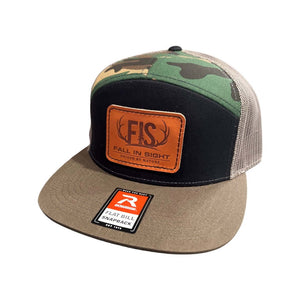 Black and camo seven panel snapback fis hat with a leather fis logo patch on the front