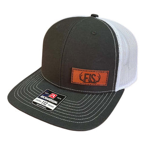 Snapback black and white fis hat with a smal fis leather patch