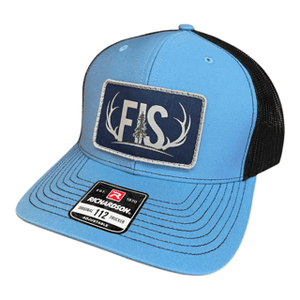 Light blue trucker hat with a blue fis patch on the front