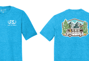 Turqoise tee shirt with a design of a deer driving a van with an eagle flying overhead