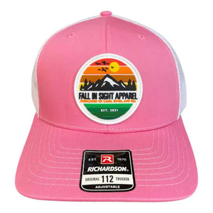 Pink trucker hat with a retro mountain design